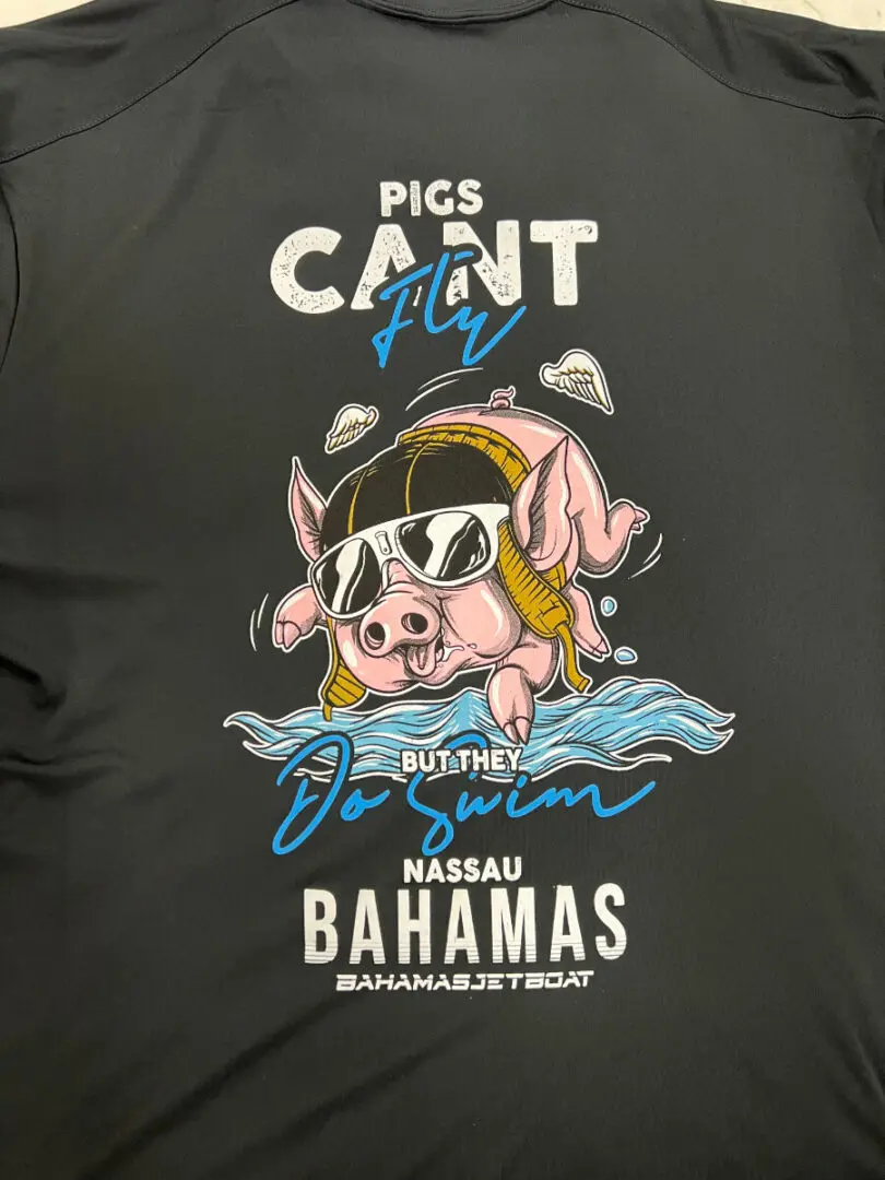 A black jacket with a pig wearing sunglasses and swimming.